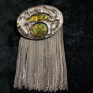 Vintage Silver Tone Abalone Rhinestone Brass Waterfall Brooch Art Deco Modernist